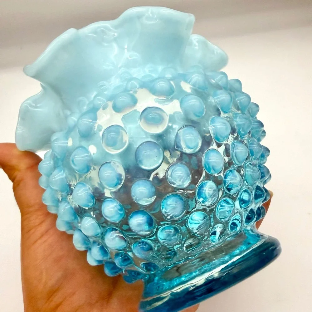 Fenton Home Vase 4.5in Glass Mid-Century Blue Opalescent Hobnail Ruffled
